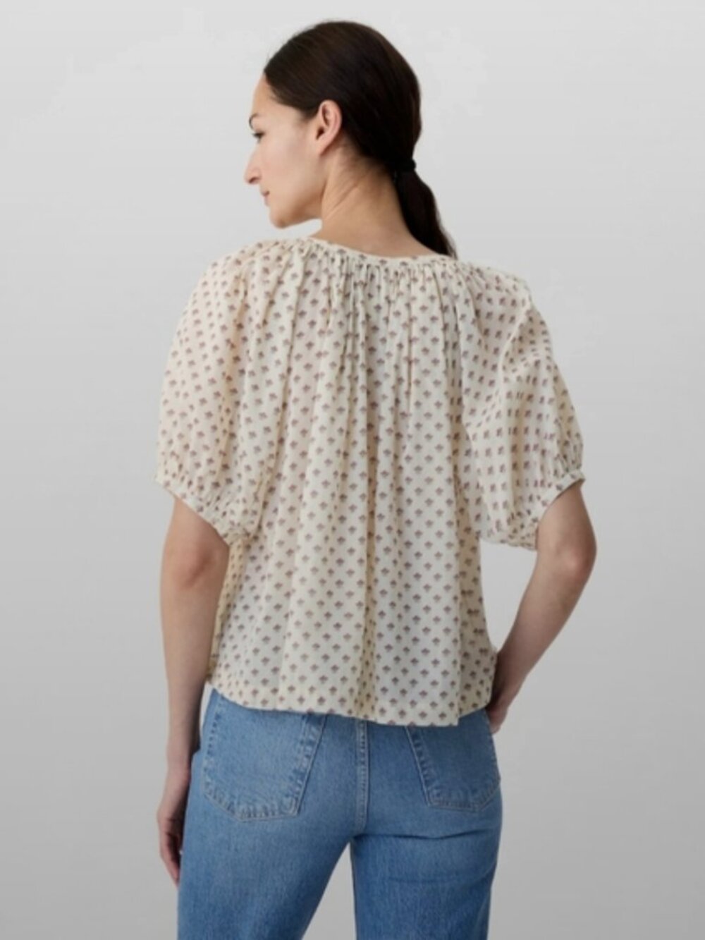 Cream Floral Puff-Sleeve Peasant Blouse - Picture 2 of 6